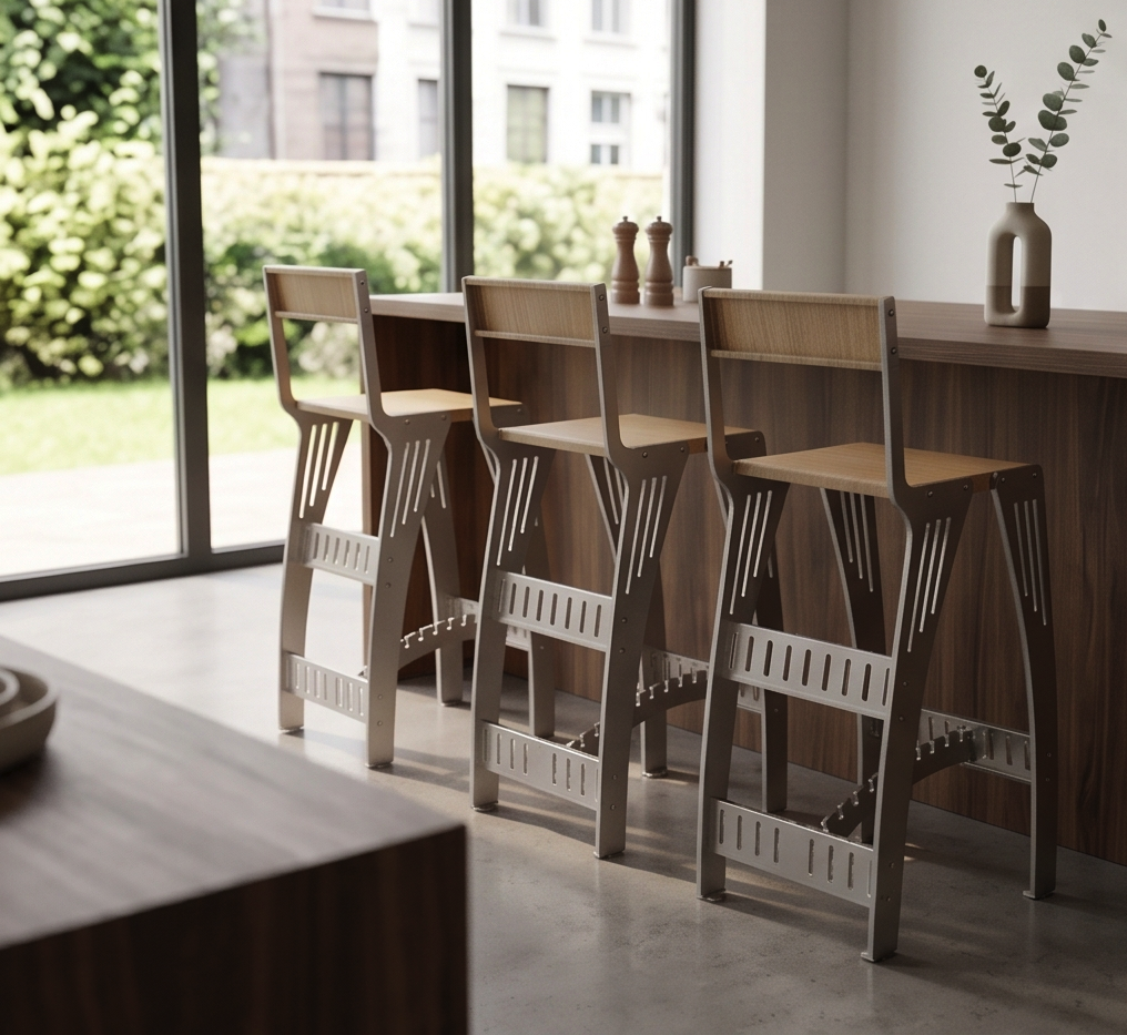 Handcrafted Industrial Modern Solid Wood & Stainless Steel Barstool - High-Back Counter Chair