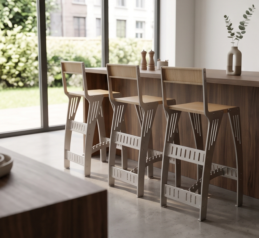 Handcrafted Industrial Modern Solid Wood & Stainless Steel Barstool - High-Back Counter Chair