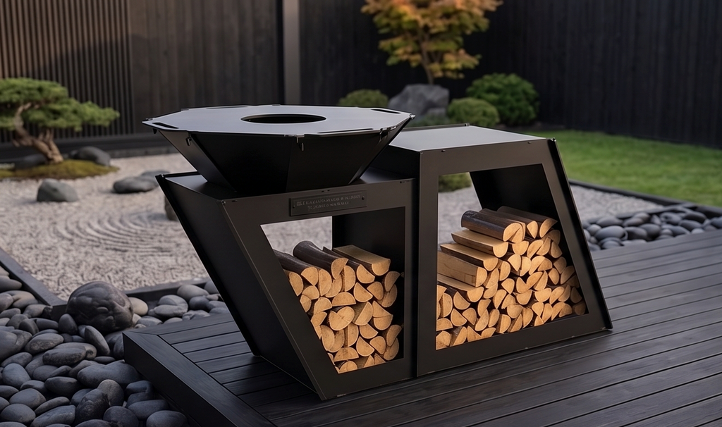 Beautiful Handcrafted Large Premium Geometric Plancha Fire Pit Grill – Wood-Burning Flat Top BBQ with Built-in Log Storage