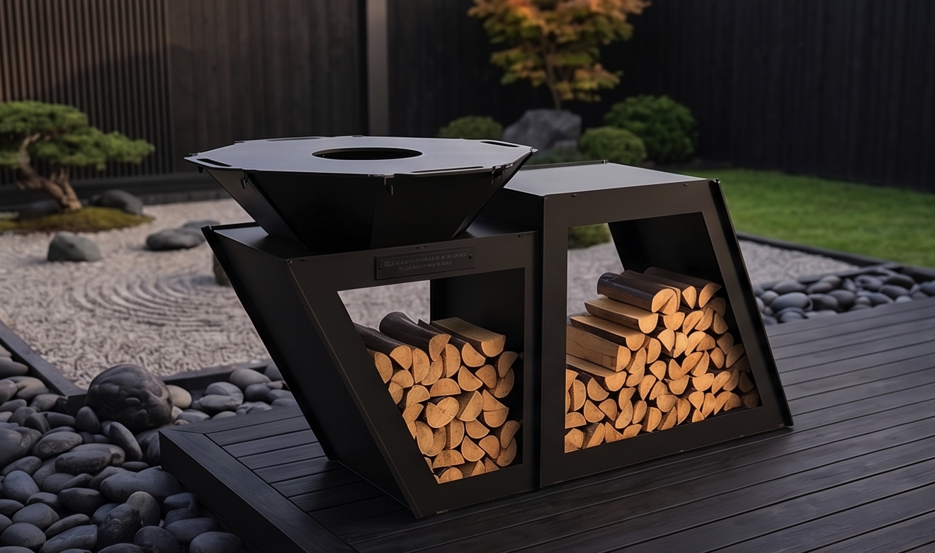 Beautiful Handcrafted Large Premium Geometric Plancha Fire Pit Grill – Wood-Burning Flat Top BBQ with Built-in Log Storage