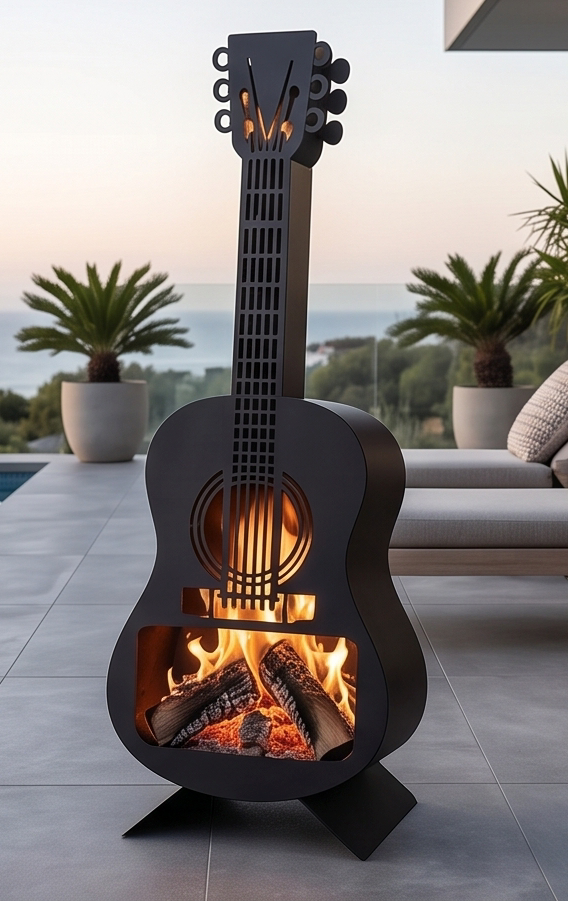 Handcrafted Acoustic Guitar Metal Fire Pit – 105cm Outdoor Chiminea