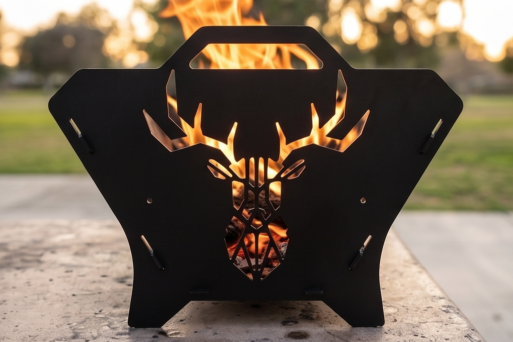 Portable Grill & Fire Pit – Handcrafted Heavy-Duty Foldable and Collapsible BBQ with Geometric Stag Design