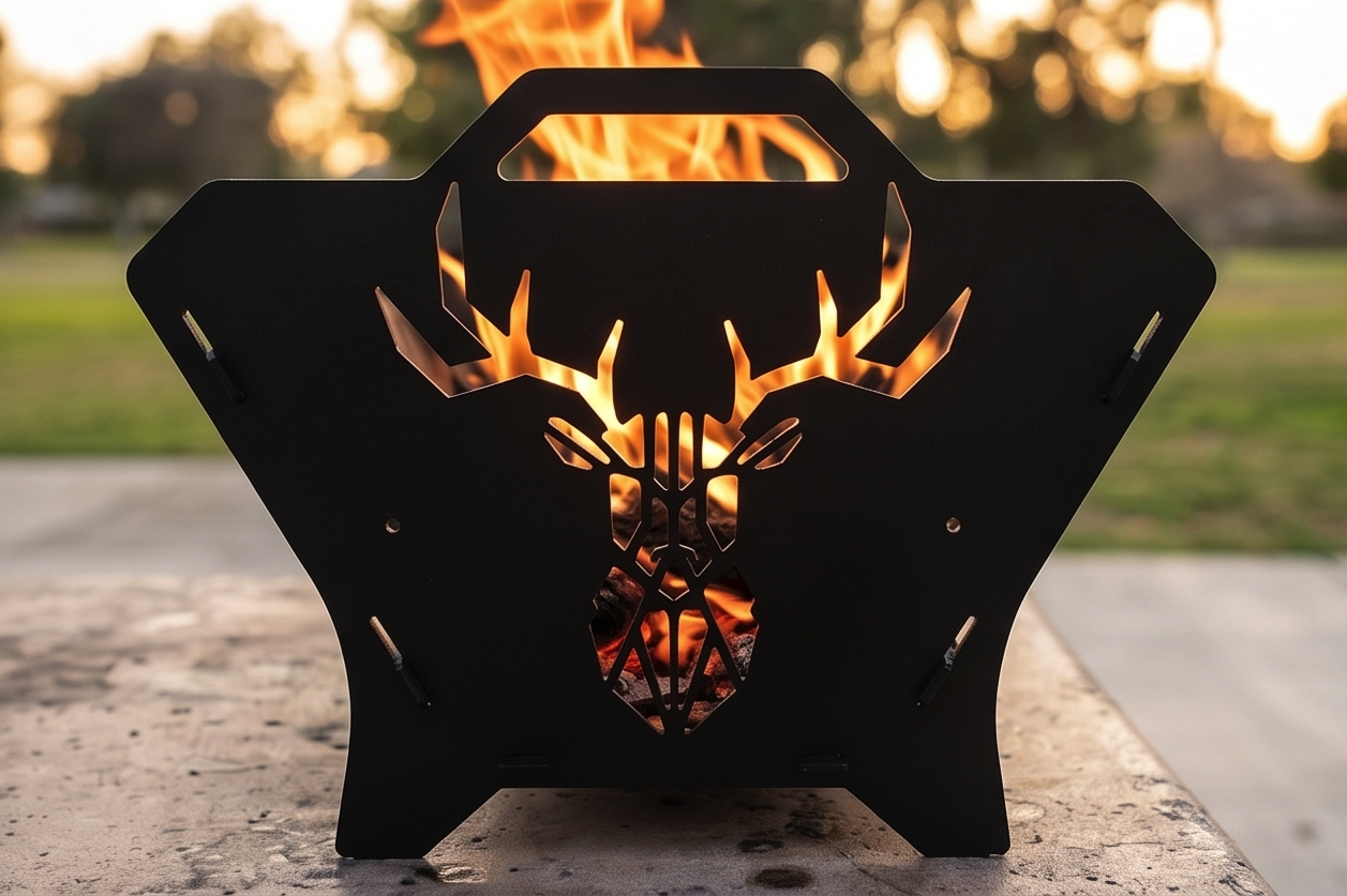 Portable Grill & Fire Pit – Handcrafted Heavy-Duty Foldable and Collapsible BBQ with Geometric Stag Design