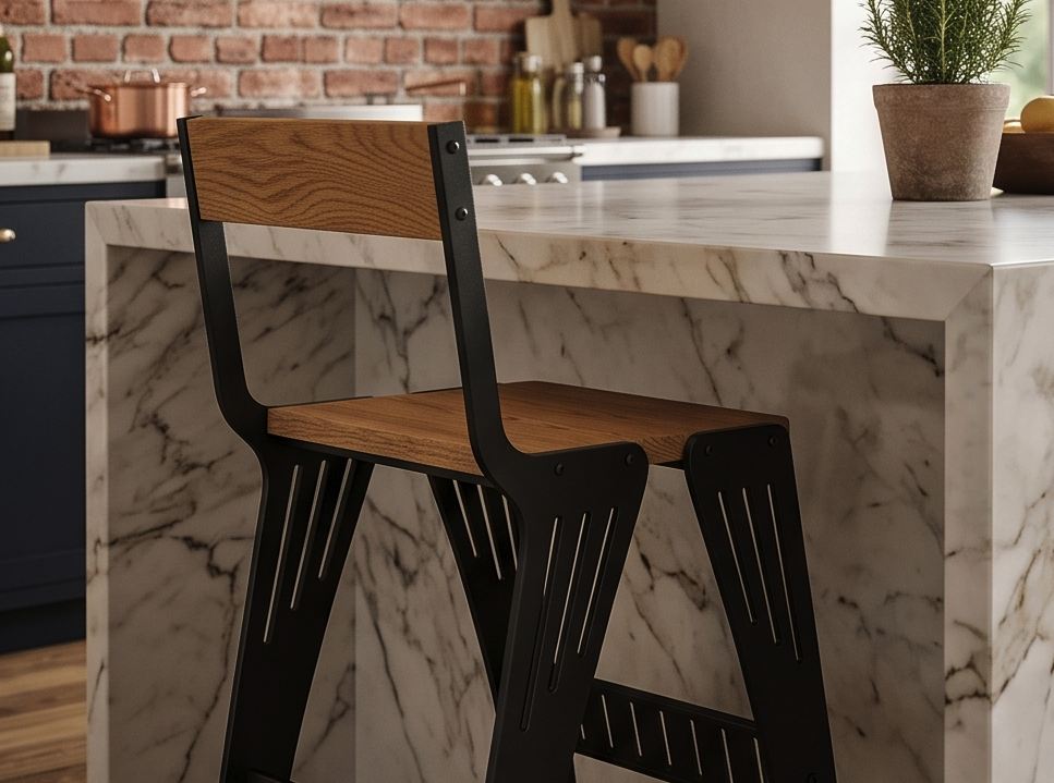 Handcrafted Industrial Modern Solid Wood & Steel Barstool - High-Back Counter Chair