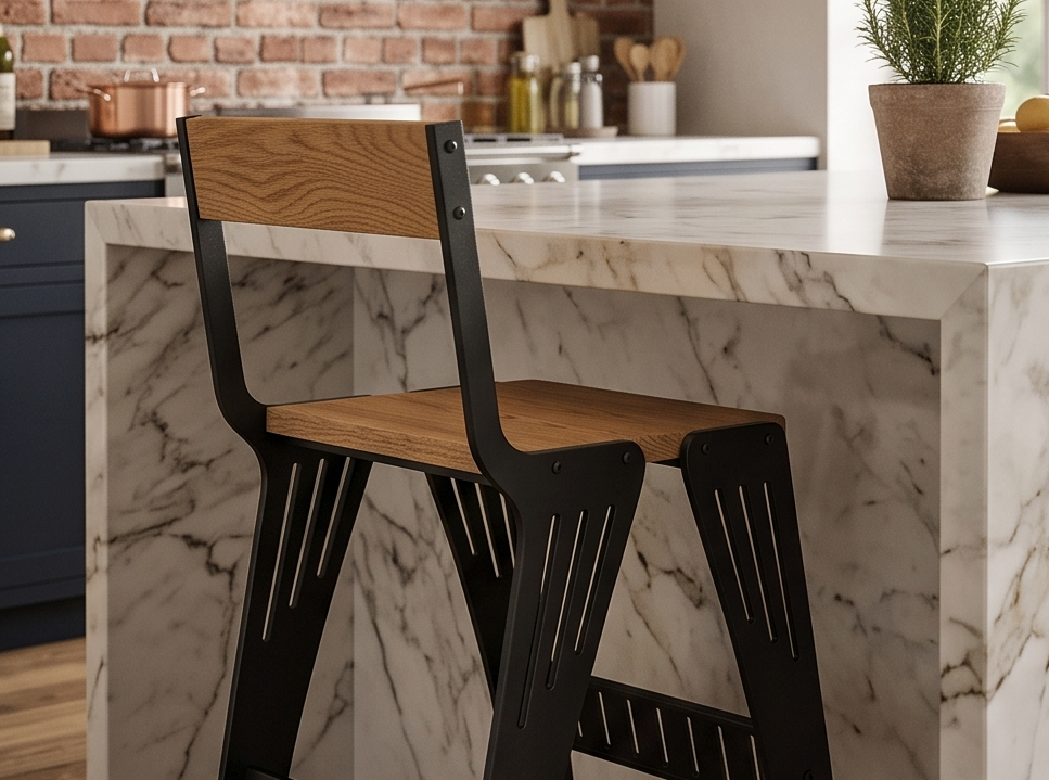 Handcrafted Industrial Modern Solid Wood & Steel Barstool - High-Back Counter Chair