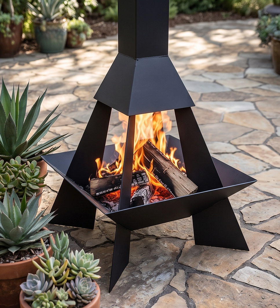 Handcrafted Geometric Chiminea Metal Fire Pit – 200cm