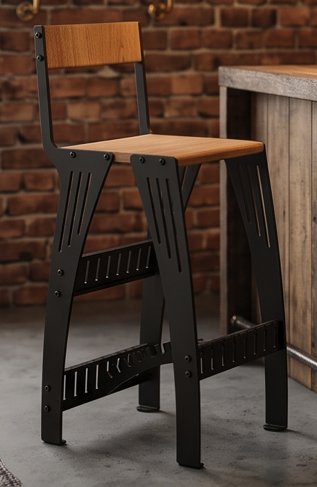 Handcrafted Industrial Modern Solid Wood & Steel Barstool - High-Back Counter Chair
