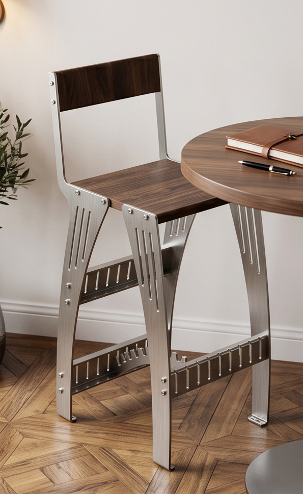 Handcrafted Industrial Modern Solid Wood & Stainless Steel Barstool - High-Back Counter Chair