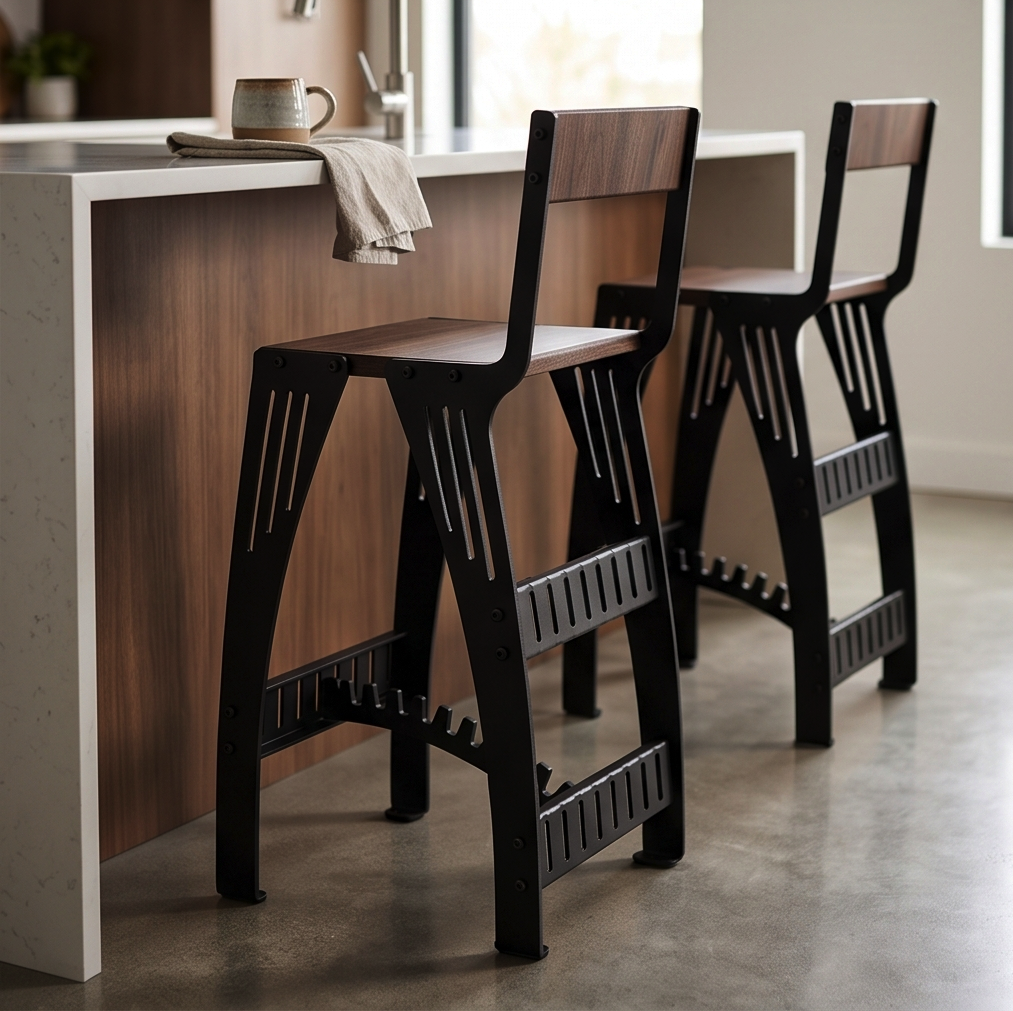 Handcrafted Industrial Modern Solid Wood & Steel Barstool - High-Back Counter Chair
