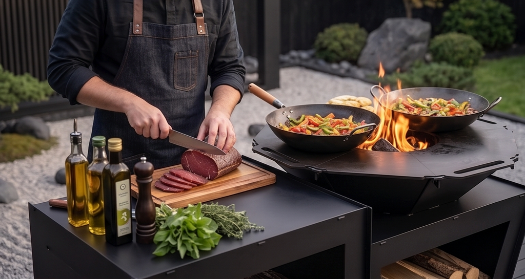 Beautiful Handcrafted Large Premium Geometric Plancha Fire Pit Grill – Wood-Burning Flat Top BBQ with Built-in Log Storage