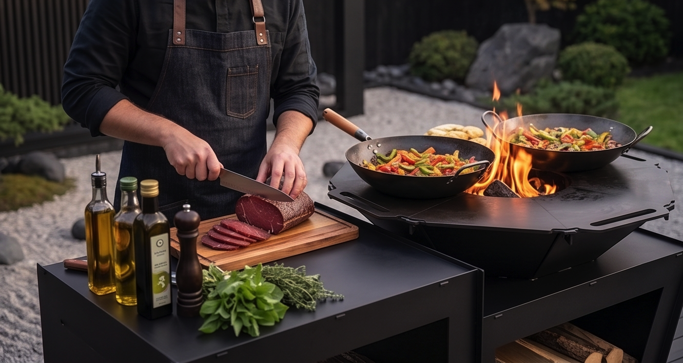 Beautiful Handcrafted Large Premium Geometric Plancha Fire Pit Grill – Wood-Burning Flat Top BBQ with Built-in Log Storage