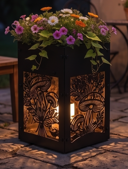 Handcrafted Metal Tall Planter with Decorative Mushroom & Botanical Design – Indoor/Outdoor Display Pot