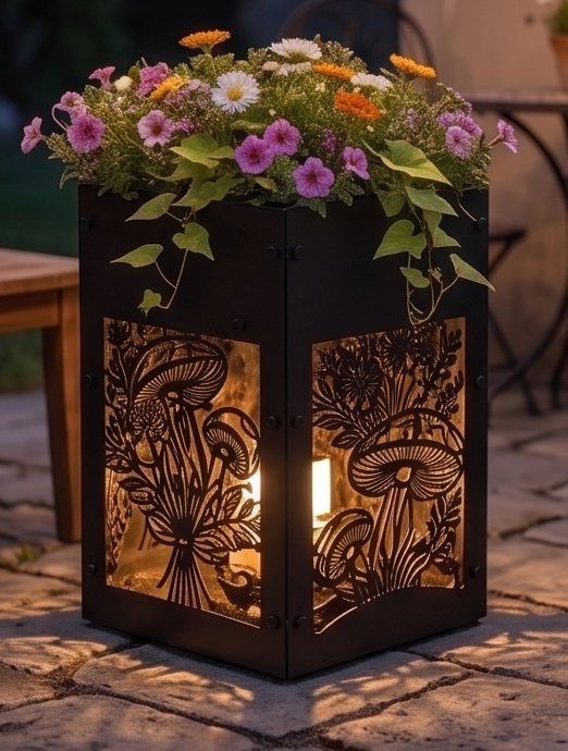 Handcrafted Metal Tall Planter with Decorative Mushroom & Botanical Design – Indoor/Outdoor Display Pot
