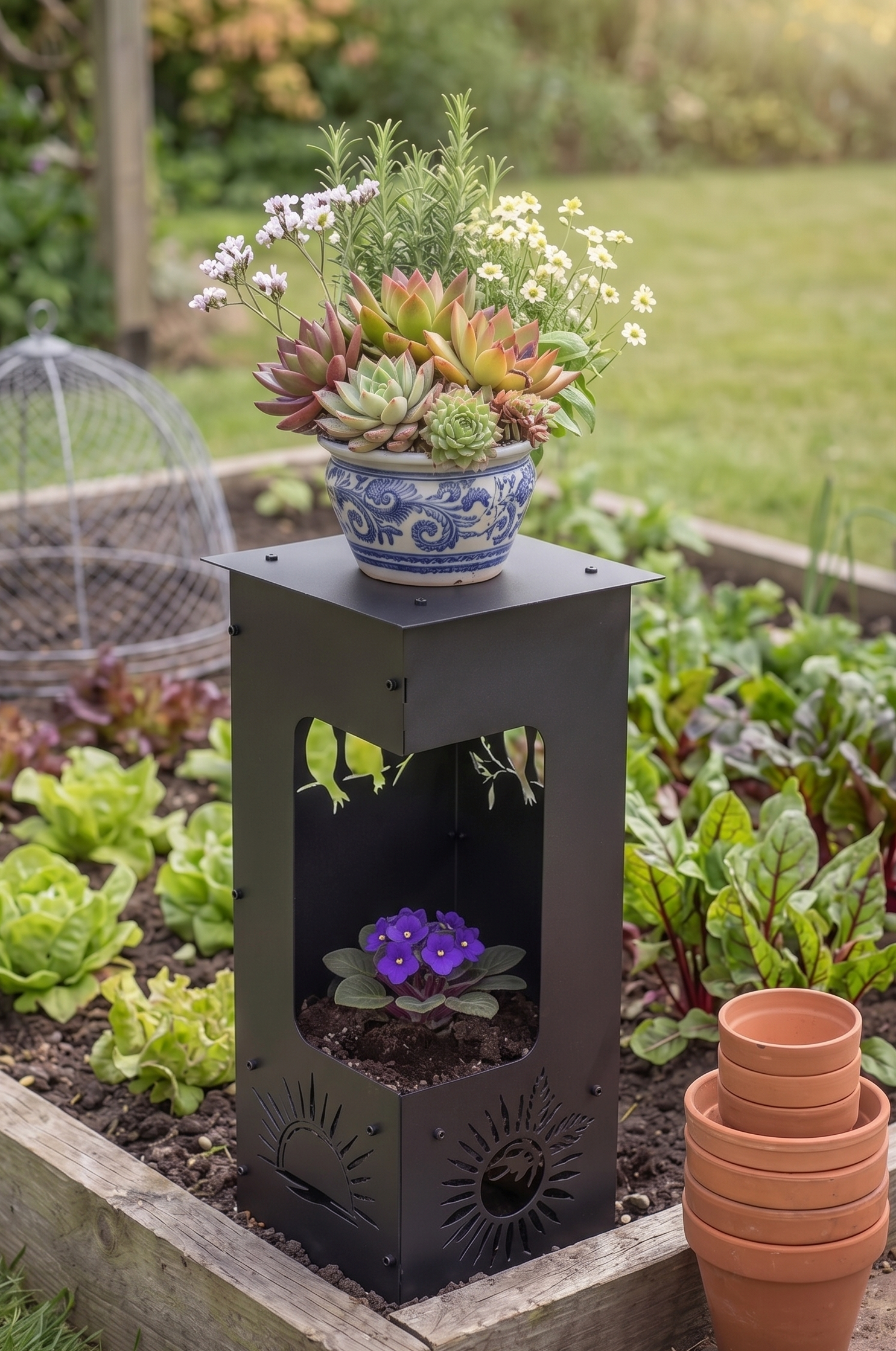 Handcrafted 2-in-1 Decorative Planter & Plant Stand– Tall Indoor/Outdoor Display