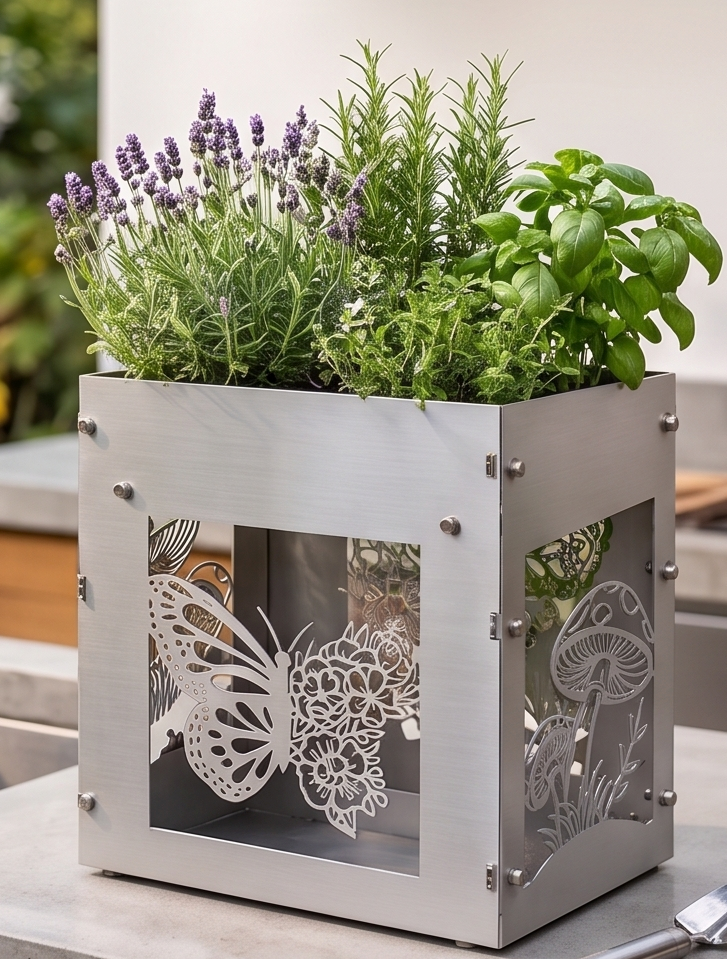 Handcrafted Stainless Steel Tall Planter with Decorative Butterfly & Mushroom Design – Indoor/Outdoor Display