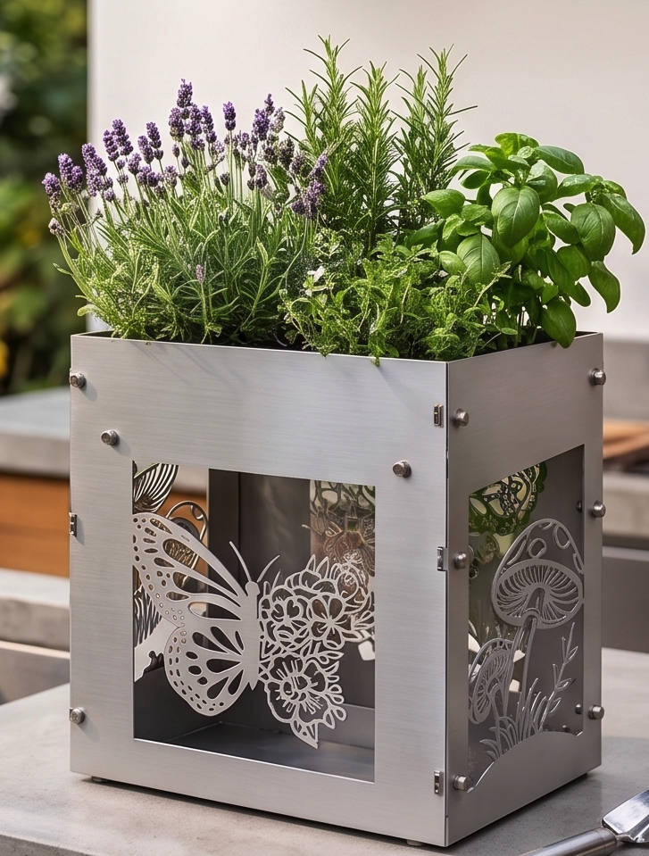 Handcrafted Stainless Steel Tall Planter with Decorative Butterfly & Mushroom Design – Indoor/Outdoor Display