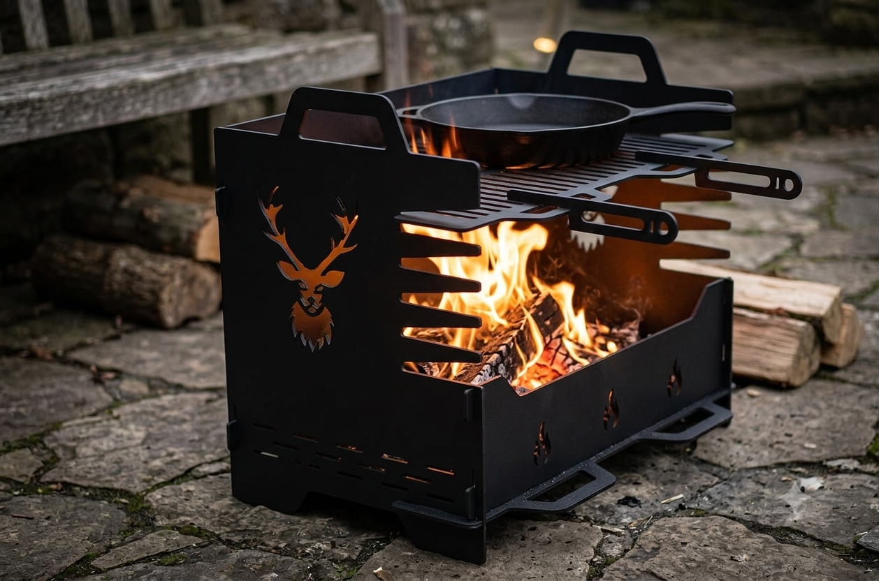 Portable BBQ, Grill, Fire Pit, Collapsible BBQ with Adjustable Cooking Grate – Rustic Deer Design