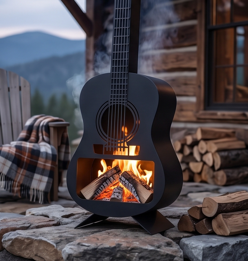 Handcrafted Acoustic Guitar Metal Fire Pit – 105cm Outdoor Chiminea
