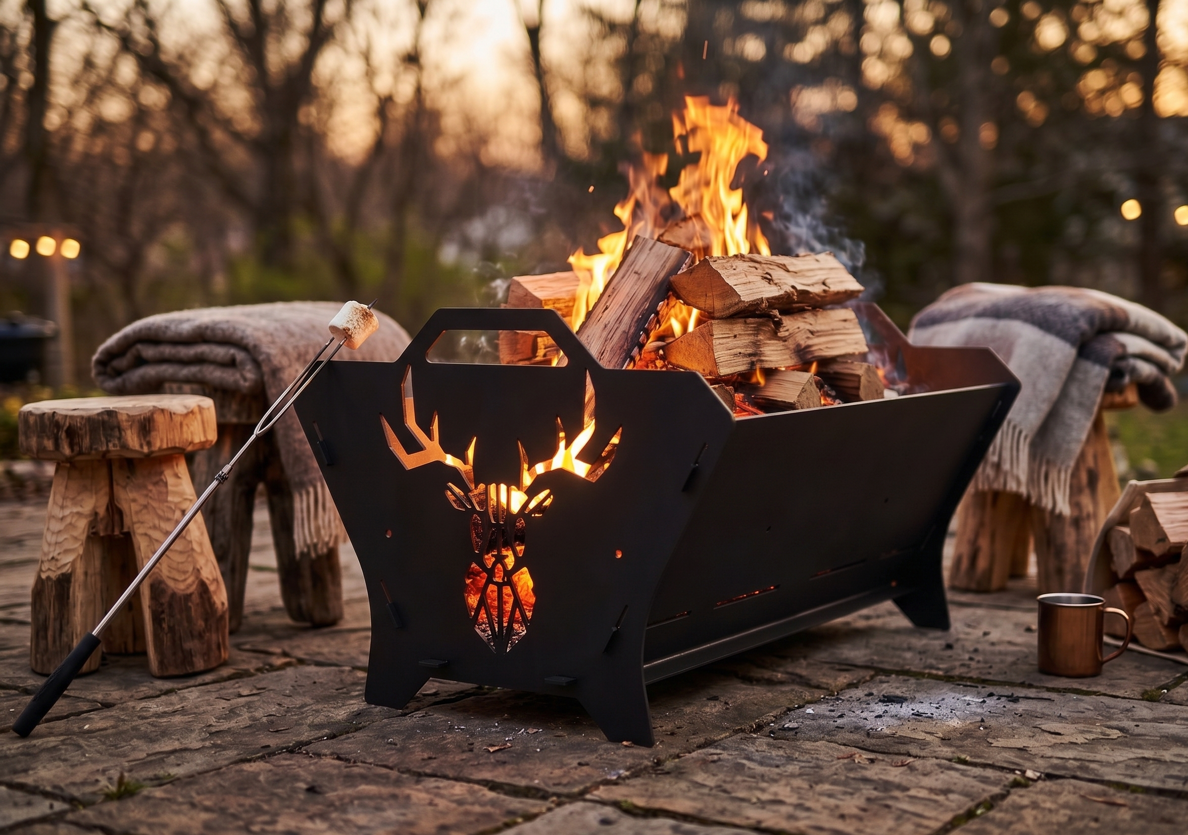 Portable Grill & Fire Pit – Handcrafted Heavy-Duty Foldable and Collapsible BBQ with Geometric Stag Design