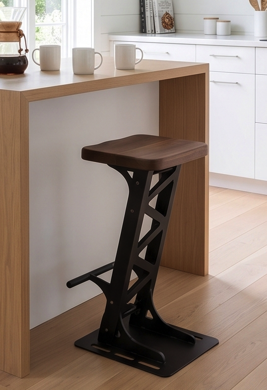 Handcrafted Industrial Modern Solid Wood & Steel Barstool - with Heavy-Duty Geometric Metal Base, Modern Rustic Stool with Footrest