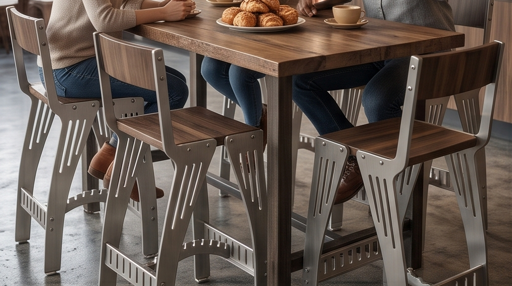 Handcrafted Industrial Modern Solid Wood & Stainless Steel Barstool - High-Back Counter Chair