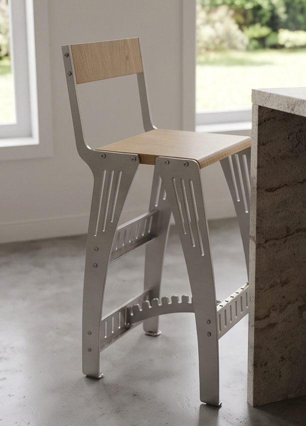 Handcrafted Industrial Modern Solid Wood & Stainless Steel Barstool - High-Back Counter Chair