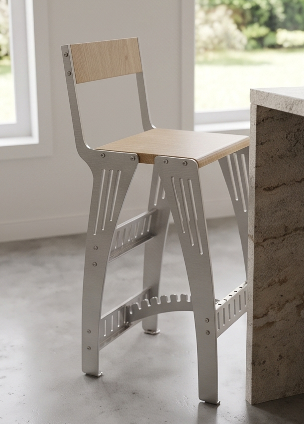 Handcrafted Industrial Modern Solid Wood & Stainless Steel Barstool - High-Back Counter Chair