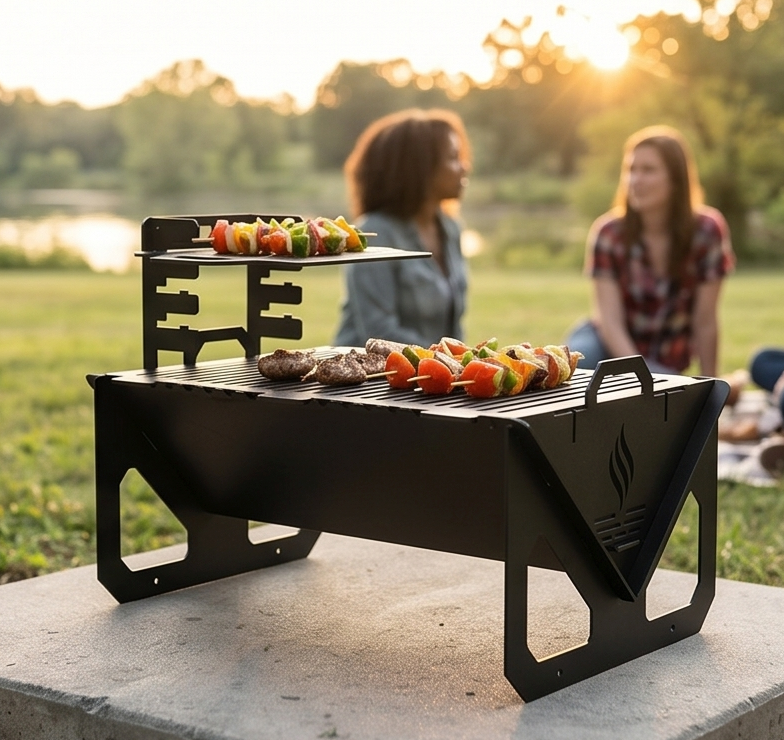 Portable Grill & Fire Pit – Handcrafted Heavy-Duty Collapsible BBQ with Adjustable Rack Attachment
