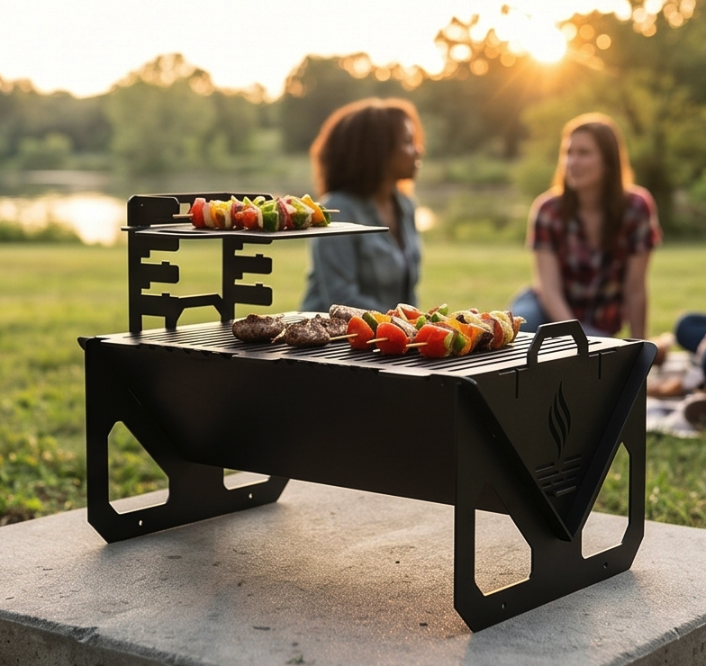 Portable Grill & Fire Pit – Handcrafted Heavy-Duty Collapsible BBQ with Adjustable Rack Attachment