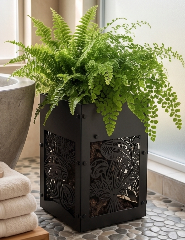 Handcrafted Metal Tall Planter with Decorative Mushroom & Botanical Design – Indoor/Outdoor Display Pot