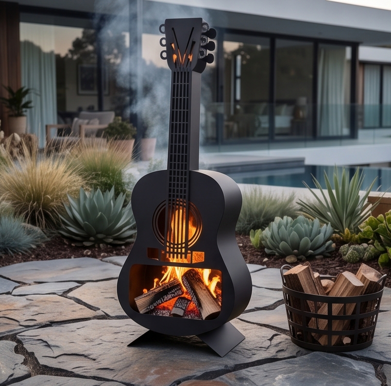 Handcrafted Acoustic Guitar Metal Fire Pit – 105cm Outdoor Chiminea