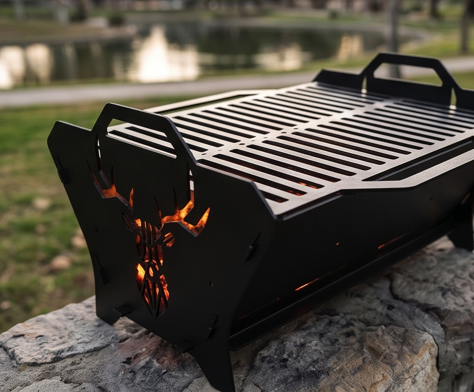Portable Grill & Fire Pit – Handcrafted Heavy-Duty Foldable and Collapsible BBQ with Geometric Stag Design