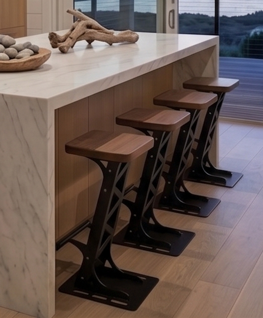 Handcrafted Industrial Modern Solid Wood & Steel Barstool - with Heavy-Duty Geometric Metal Base, Modern Rustic Stool with Footrest