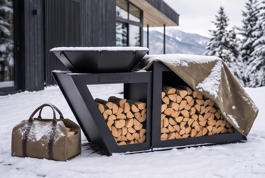 Beautiful Handcrafted Large Premium Geometric Plancha Fire Pit Grill – Wood-Burning Flat Top BBQ with Built-in Log Storage