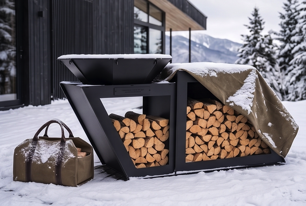 Beautiful Handcrafted Large Premium Geometric Plancha Fire Pit Grill – Wood-Burning Flat Top BBQ with Built-in Log Storage