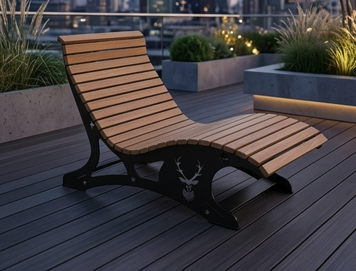 Premium Handcrafted Extra-Wide (125cm) Wood & Metal Sun Lounger – Ergonomic Garden Chaise with Custom Stag Motif