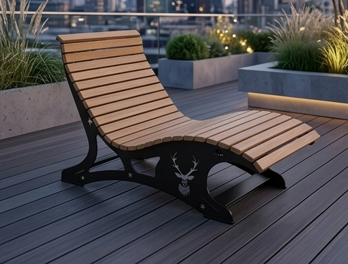 Premium Handcrafted Extra-Wide (125cm) Wood & Metal Sun Lounger – Ergonomic Garden Chaise with Custom Stag Motif