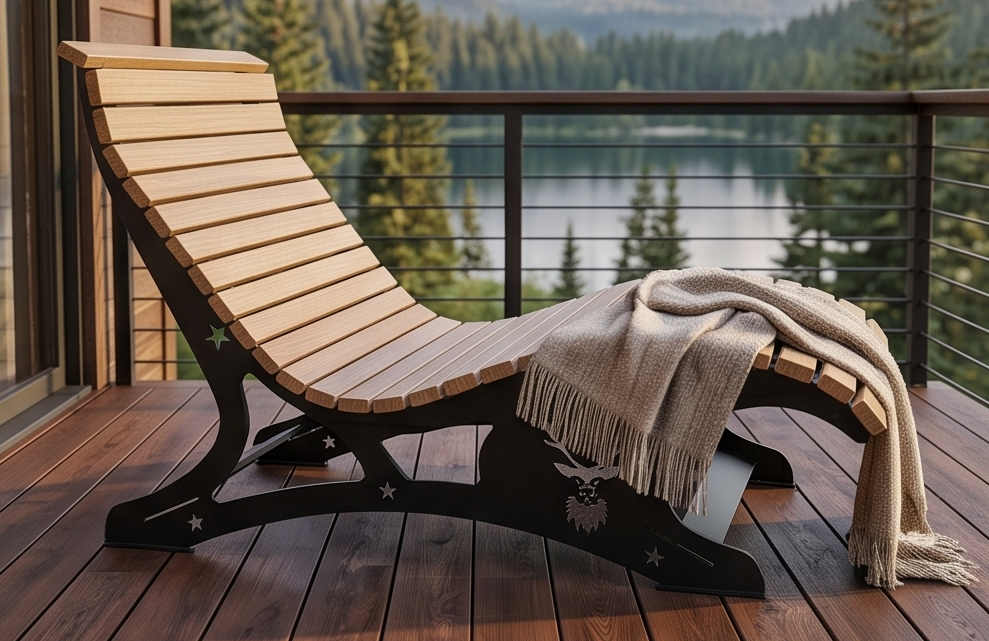 Premium Handcrafted Extra-Wide (125cm) Wood & Metal Sun Lounger – Ergonomic Garden Chaise with Custom Stag Motif
