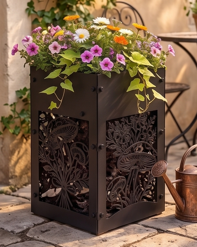 Handcrafted Metal Tall Planter with Decorative Mushroom & Botanical Design – Indoor/Outdoor Display Pot