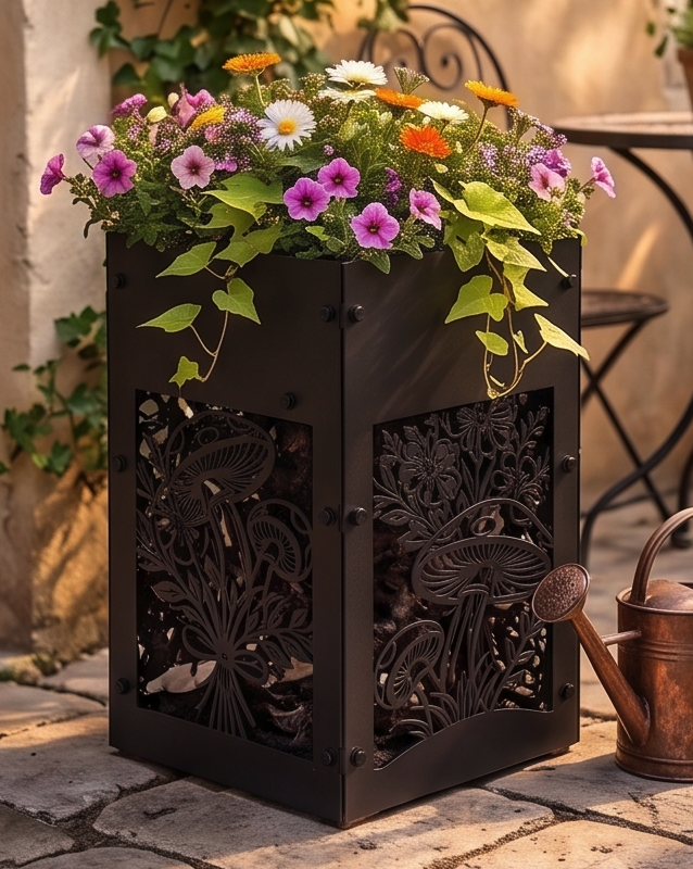 Handcrafted Metal Tall Planter with Decorative Mushroom & Botanical Design – Indoor/Outdoor Display Pot
