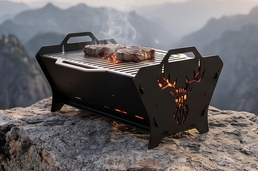 Portable Grill & Fire Pit – Handcrafted Heavy-Duty Foldable and Collapsible BBQ with Geometric Stag Design