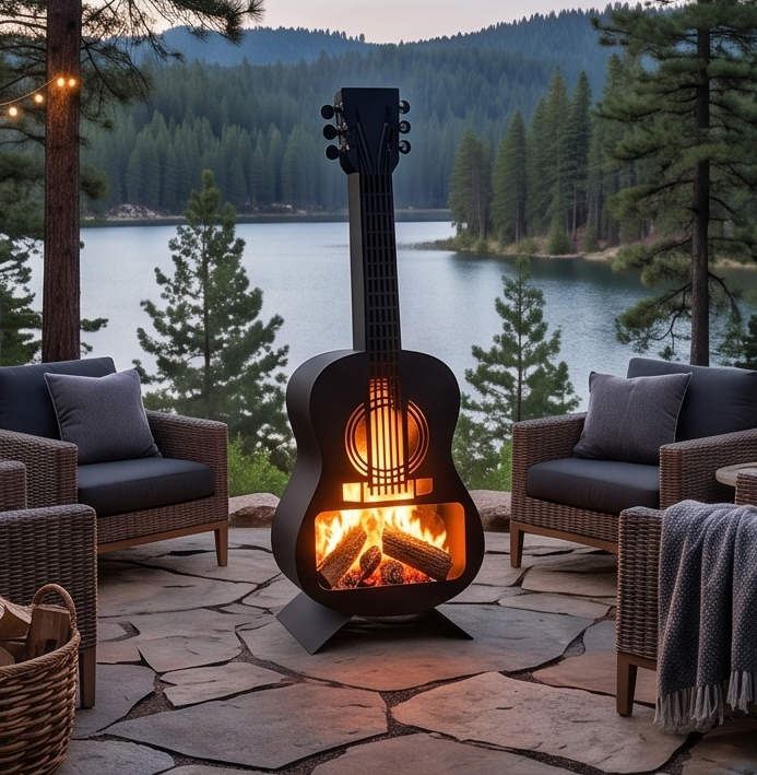 Handcrafted Acoustic Guitar Metal Fire Pit – 105cm Outdoor Chiminea