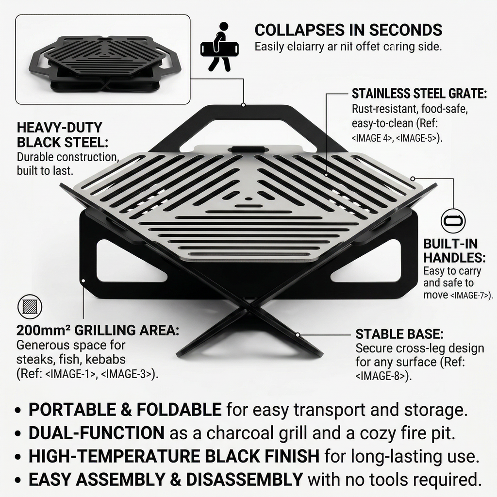 Handcrafted Collapsible and Foldable Grill, BBQ, Fire Pit