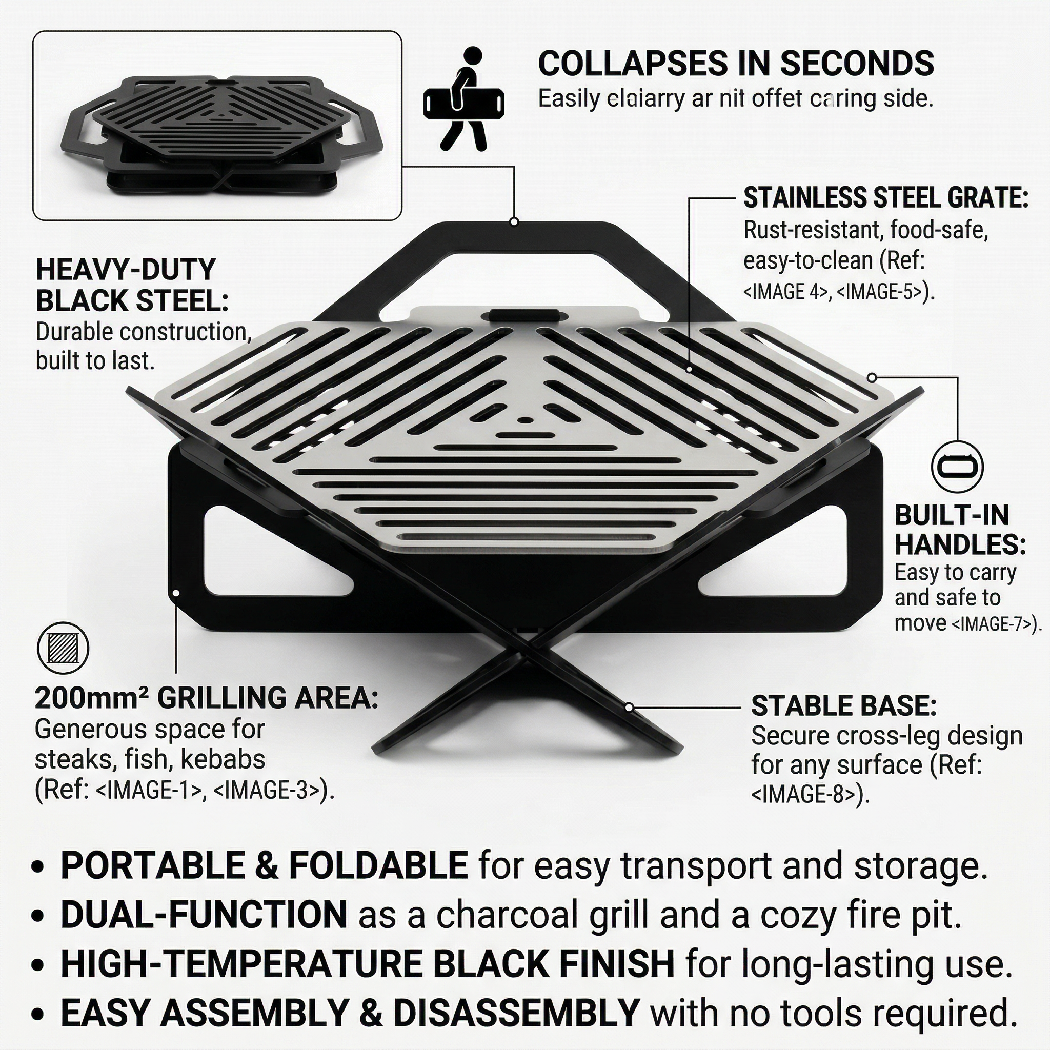 Handcrafted Collapsible and Foldable Grill, BBQ, Fire Pit