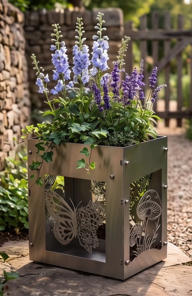 Handcrafted Stainless Steel Tall Planter with Decorative Butterfly & Mushroom Design – Indoor/Outdoor Display