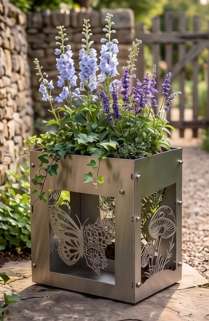 Handcrafted Stainless Steel Tall Planter with Decorative Butterfly & Mushroom Design – Indoor/Outdoor Display
