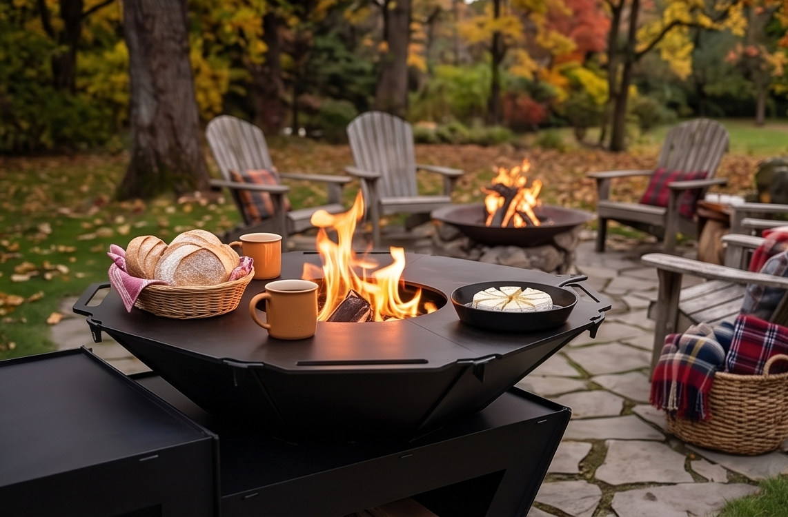 Beautiful Handcrafted Large Premium Geometric Plancha Fire Pit Grill – Wood-Burning Flat Top BBQ with Built-in Log Storage
