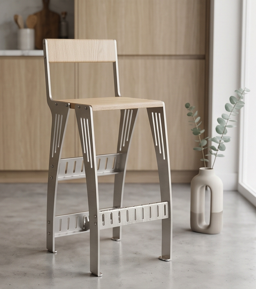 Handcrafted Industrial Modern Solid Wood & Stainless Steel Barstool - High-Back Counter Chair