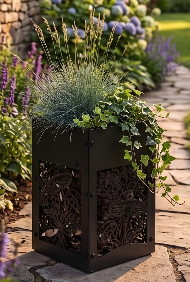 Handcrafted Metal Tall Planter with Decorative Mushroom & Botanical Design – Indoor/Outdoor Display Pot