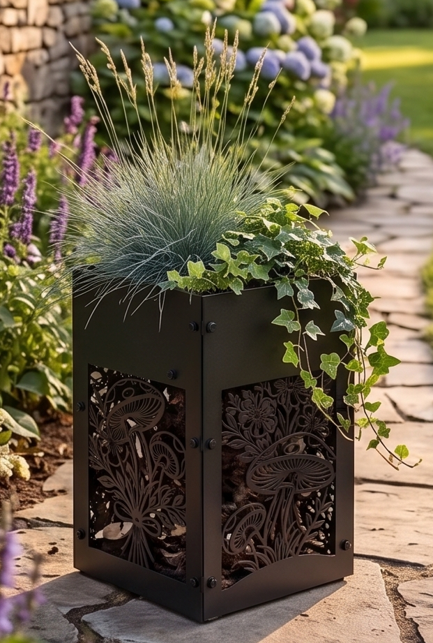 Handcrafted Metal Tall Planter with Decorative Mushroom & Botanical Design – Indoor/Outdoor Display Pot